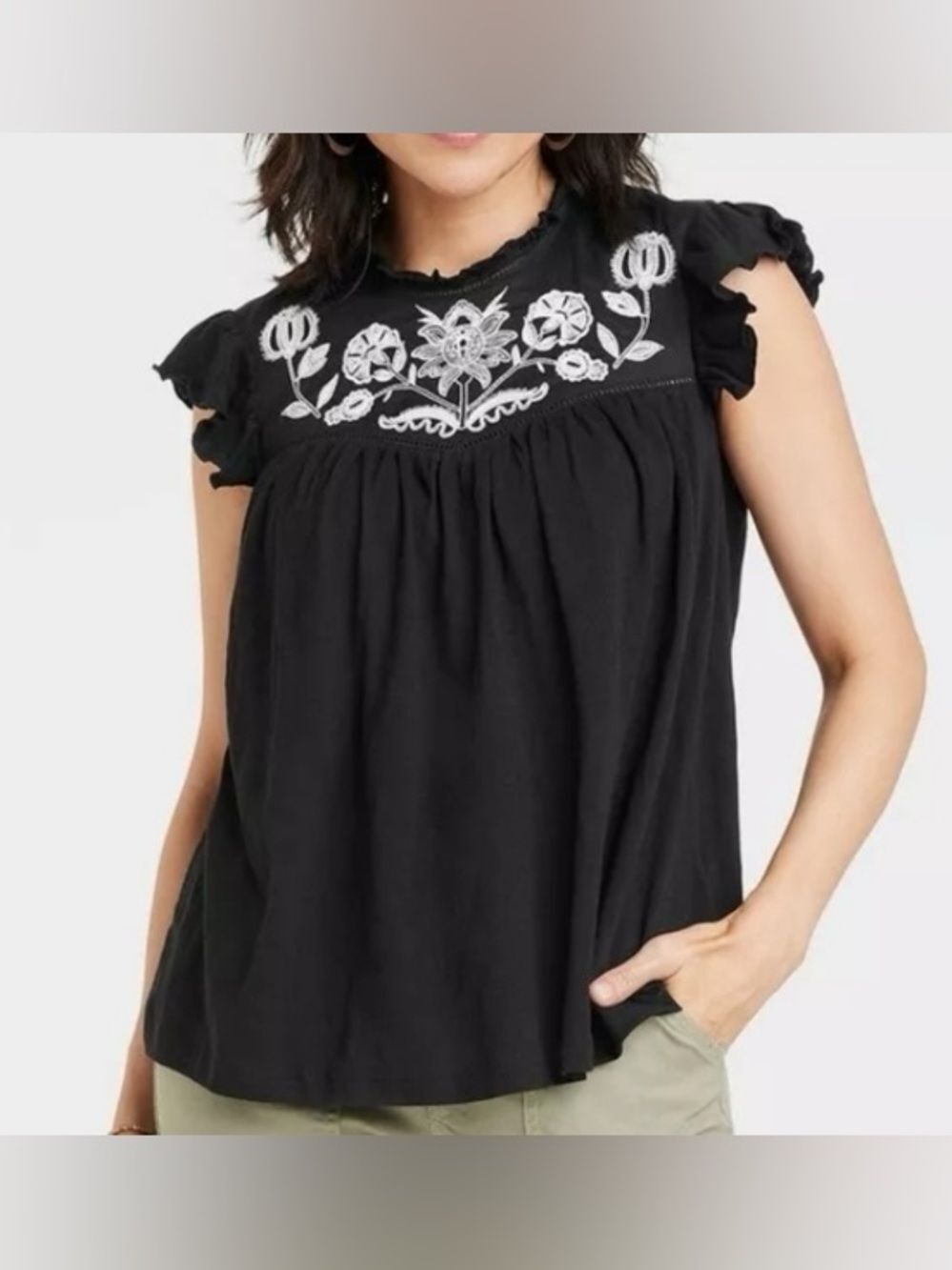 Knox Rose 100% Cotton Black Embroidered Ruffle-Sleeve Tie Back Rope Top Medium